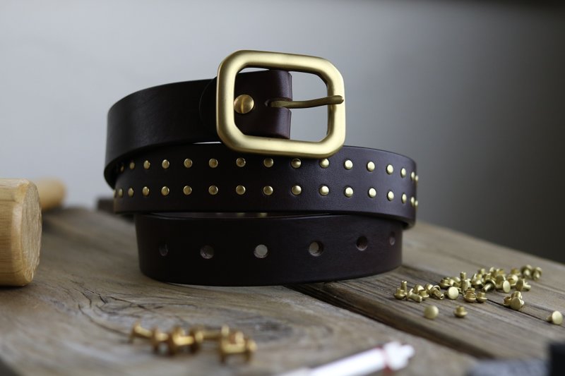 Light rock punk-handmade belt / width 35mm / for men and women / Bronze/ rivets / brown - Belts - Genuine Leather Brown