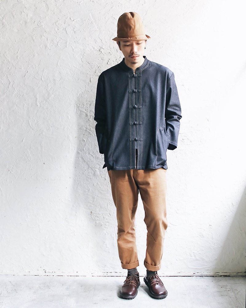 Omake Chinese knot Denim Shirt  - เสื้อเชิ้ตผู้ชาย - ผ้าฝ้าย/ผ้าลินิน สีดำ