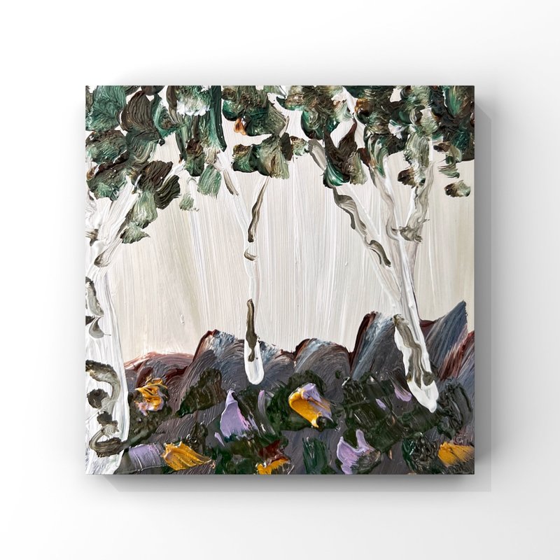 Birch art birch tree original oil painting Blooming wildflowers meadow orchard - 海報/掛畫/掛布 - 其他材質 多色