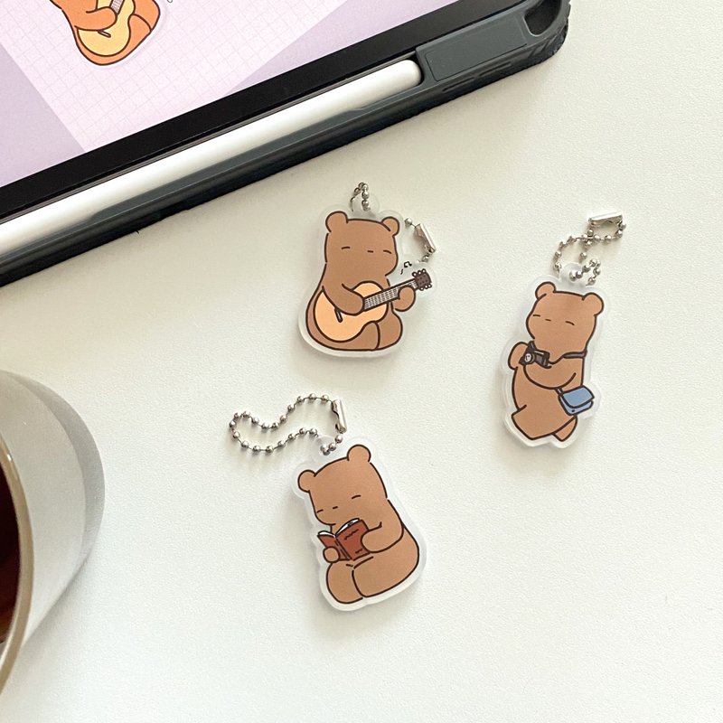 Lamud brown bear playing guitar, book worm, camera man Acrylic Keychain - 鑰匙圈/鑰匙包 - 壓克力 咖啡色