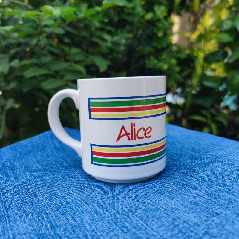 Vintage 80s Mt. Clemens Pottery Personalized Alice Rainbow Striped Mug - 餐桌/書桌 - 其他材質 多色