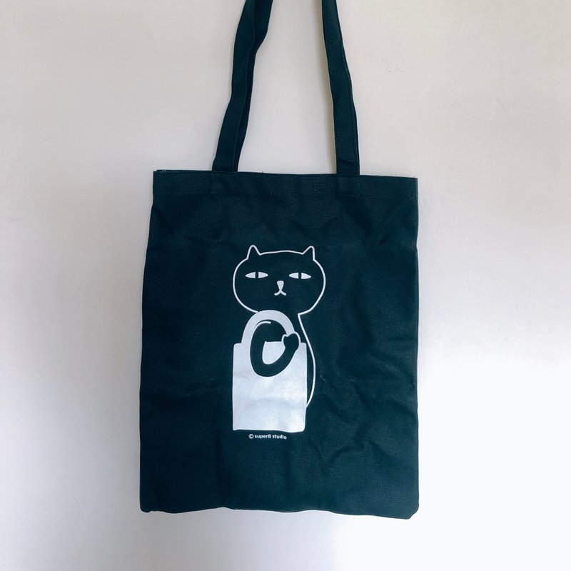 壞貓咪帆布袋 -  Bag Kitty 袋子貓 - 側背包/斜背包 - 棉．麻 黑色