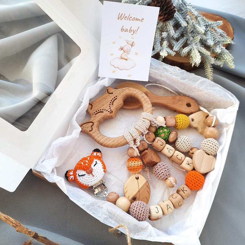 Wood Baby Accessories Orange - Personalized baby shower favor gift box fox - wooden rattle & pacifier clip