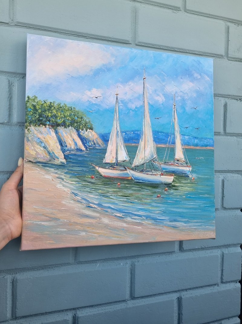 Seascape Original Art oil painting Sailboats artwork on canvas 40x40cm - 壁貼/牆壁裝飾 - 棉．麻 藍色