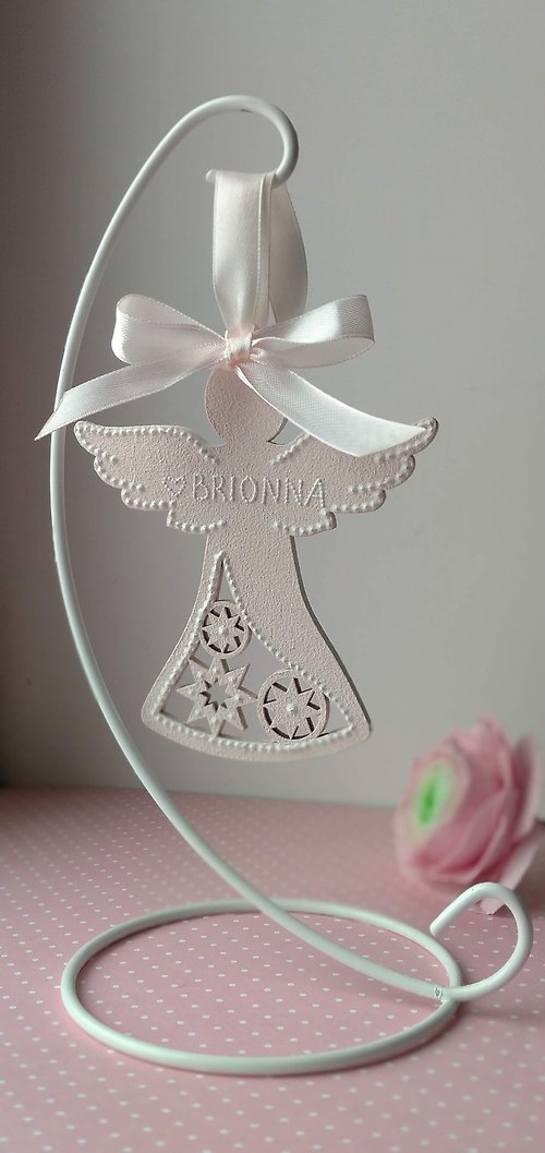 YourFloralDreams Angel ornament pink on metal stand Hanging angel Personalized gift for baby