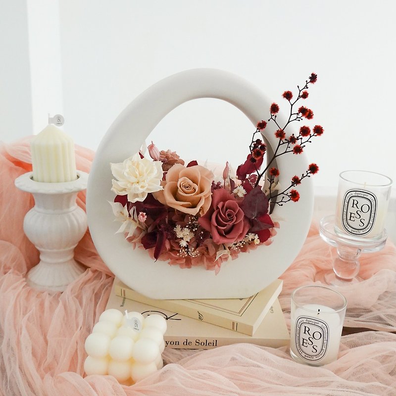 Preserved Flower Special O-shaped Basket - Champagne Pink - ช่อดอกไม้แห้ง - พืช/ดอกไม้ สึชมพู
