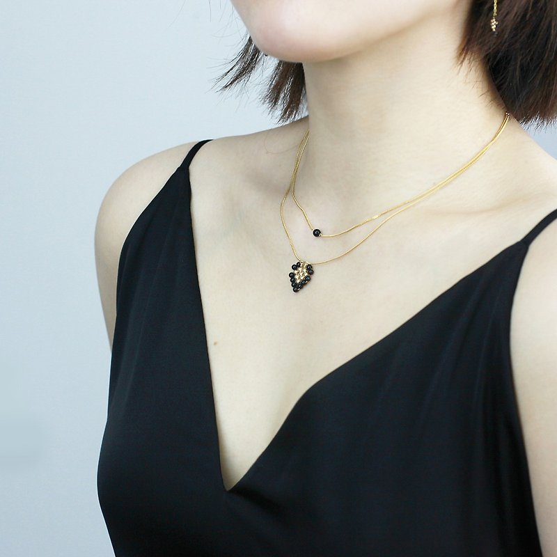 Miss Queeny original | magic black heart natural black agate love hand-woven double necklace - สร้อยคอ - โลหะ สีทอง