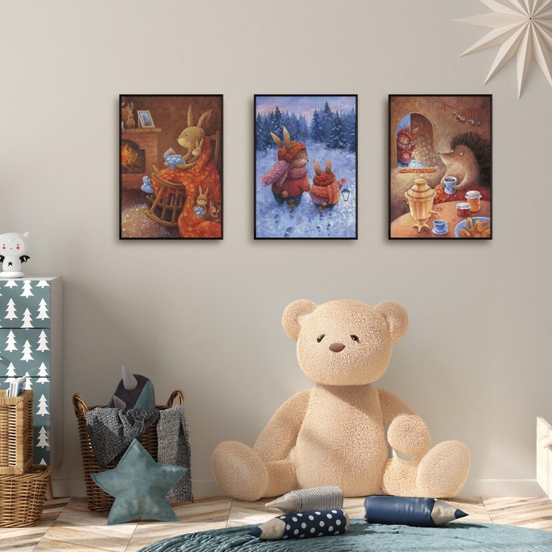 【聯畫優惠組合】聖誕說故事三幅聯畫組合-臥室/北歐插畫畫作 - 海報/掛畫 - 其他材質 卡其色