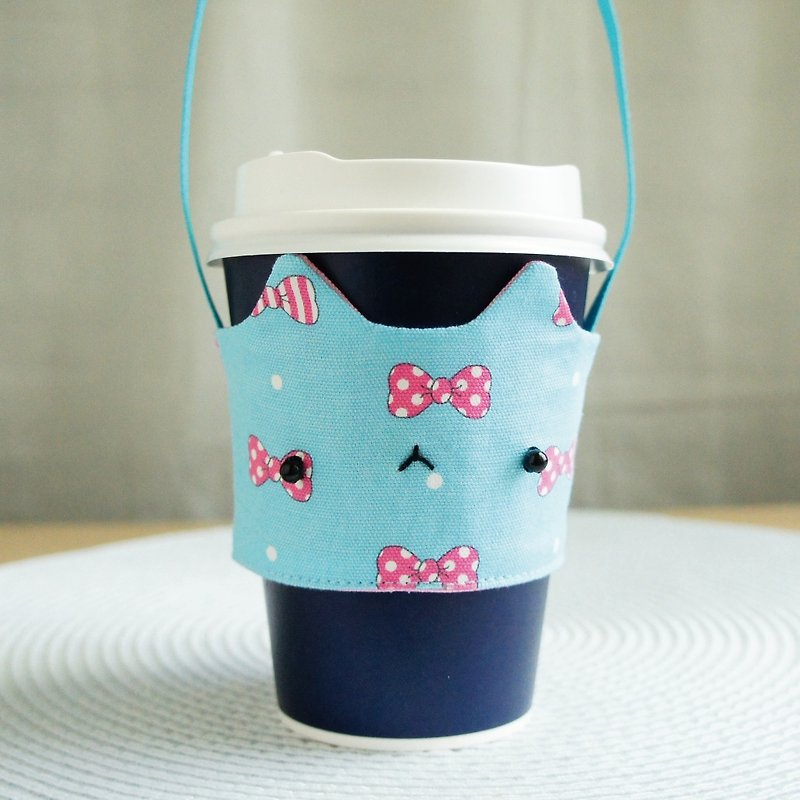 Lovely【日本布】粉蝴蝶結喵星人飲料杯袋、貓咪飲料杯套【天藍】 - 飲料提袋/杯袋/杯套 - 棉．麻 藍色
