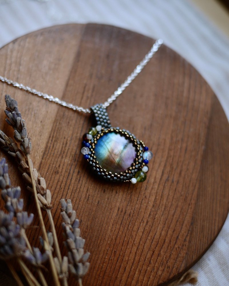 Rainbow Labradorite Bead Embroidered Double Pendant - Necklaces - Gemstone Multicolor