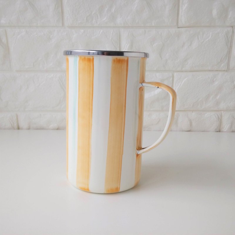 柳橙黃條紋琺瑯馬克杯 附手作禮物包裝 | 650ml - 咖啡杯/馬克杯 - 琺瑯 黃色