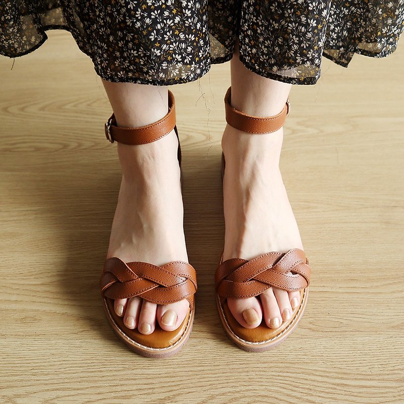 【Weaving Summer】 One-line woven leather sandals - Brown