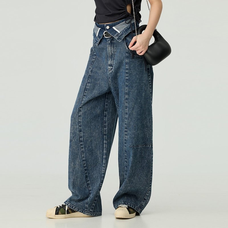 OUWEY Ouwei folded waist small lantern wash jeans (blue) 3243328650 - กางเกงขายาว - ผ้าฝ้าย/ผ้าลินิน สีน้ำเงิน