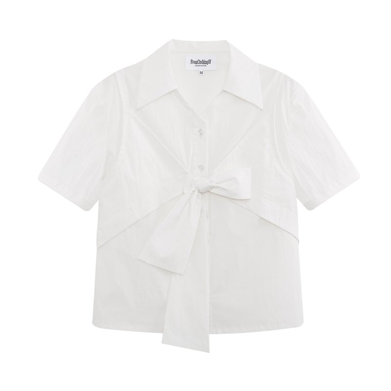 White short-sleeved shirt with bow tied in the front - เสื้อเชิ้ตผู้หญิง - ผ้าฝ้าย/ผ้าลินิน ขาว