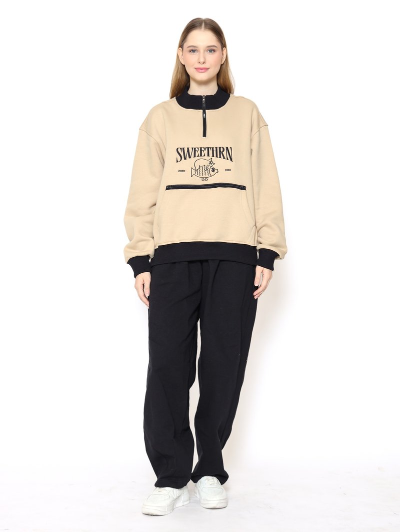 Cat Half Zip Embroidered Sweatshirt Cotton Fleece, Retro Streetwear - 女毛衣/針織衫 - 其他材質 卡其色