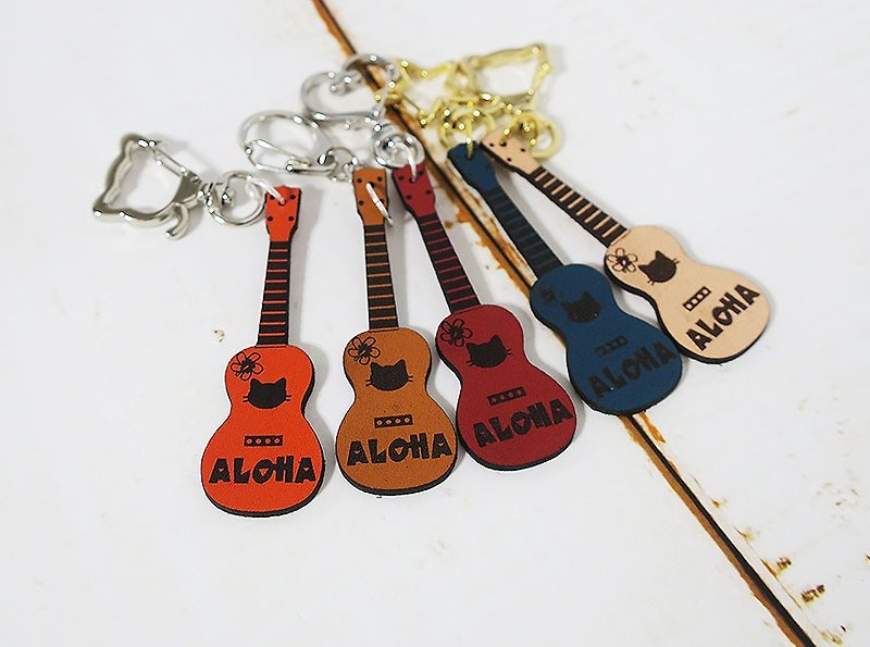 Genuine Leather Ukulele Cat Keychain Gourd Design Gift wrapping Christmas Gift - Keychains - Genuine Leather Multicolor
