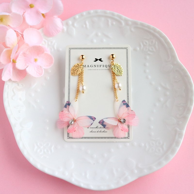 pink organza silk butterfly pearl golden leaf flower long earrings birthday gift - Earrings & Clip-ons - Silk Pink