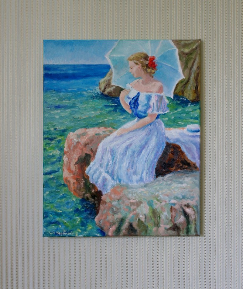 Girl With An Umbrella Original Art Oil Painting Wall Decor Girl Sea Romantic - โปสเตอร์ - วัสดุอื่นๆ หลากหลายสี