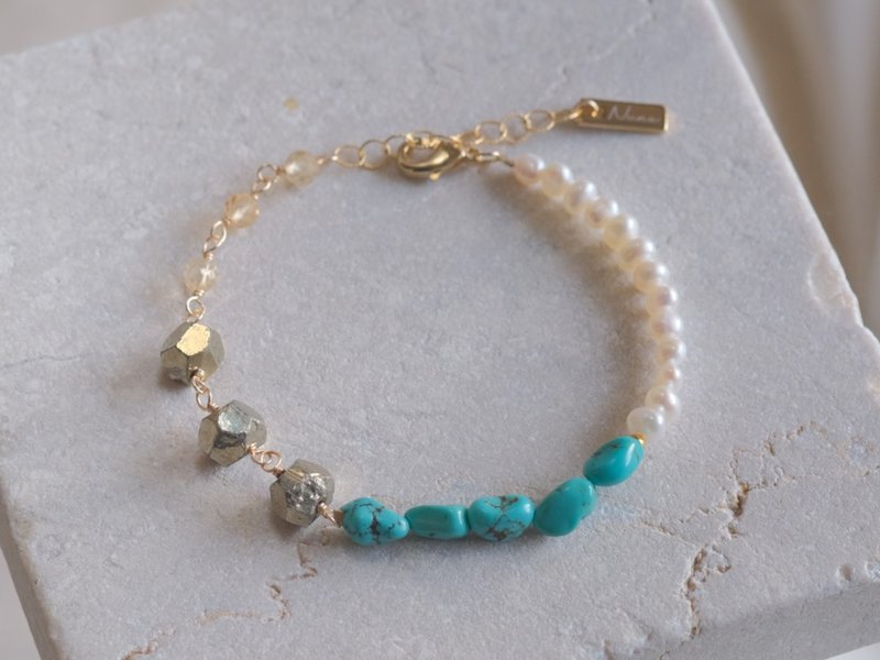 Natural stone bracelet Turquoise Pyrite Citrine Natural water pearl - Bracelets - Gemstone Blue