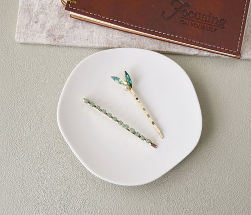天堂鳥手工飾品 【手工限定】雙色翠綠水晶髮夾套組