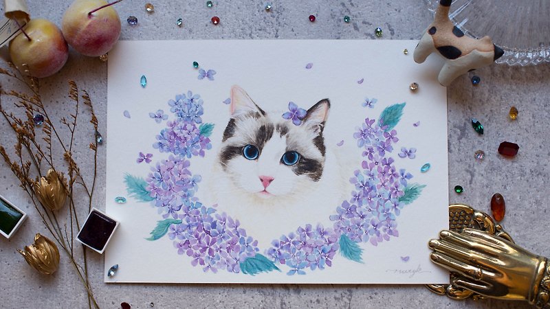 Pets x Plants and Flowers Watercolor Customized Hand-painted Illustrations Seven-inch Half-length Portrait with Frame - ภาพวาดบุคคล - กระดาษ หลากหลายสี