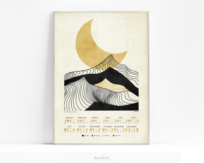 2025 Printable Lunar Calendar Abstract Black Lines Mountains Gold Moon Poster - 其他數位設計 - 其他材質 