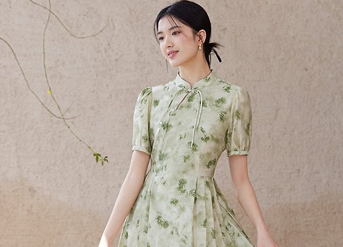 初蟬 新中式復古中國風 暈染印花盤扣 改良旗袍洋裝