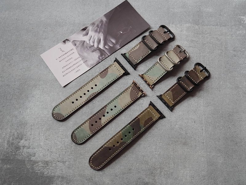 Customized Handmade Green Camouflage Leather AppleWatch Strap.iWatch Band.Gift - สายนาฬิกา - หนังแท้ หลากหลายสี