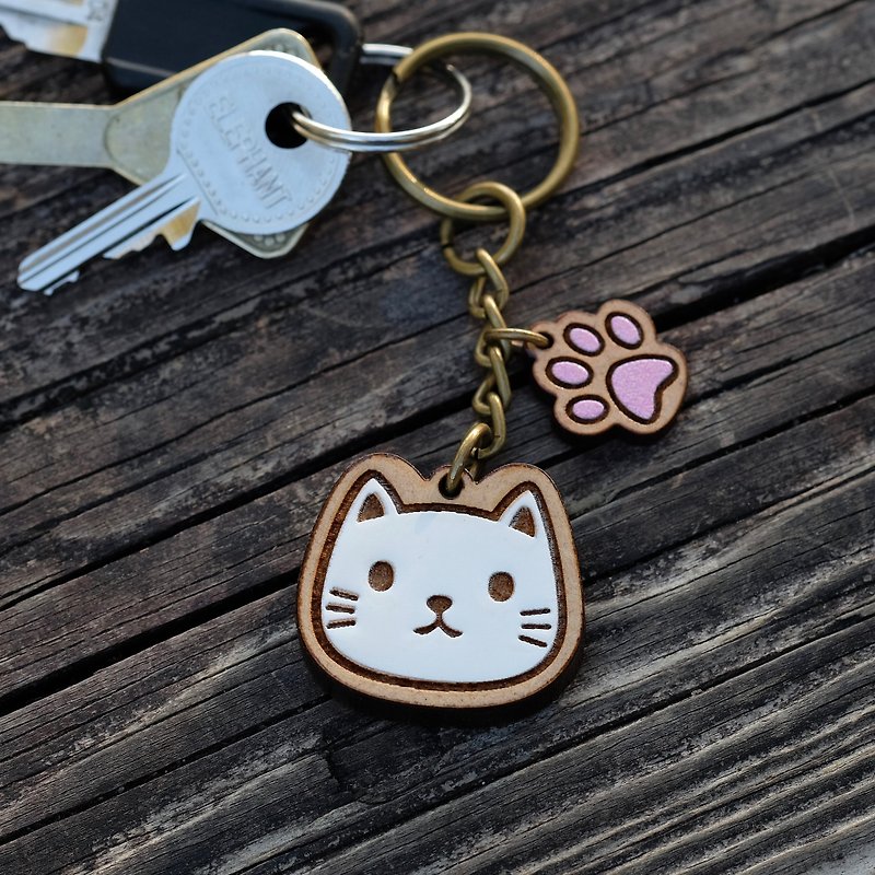 Painted Wooden key ring - Cat - Keychains - Wood White
