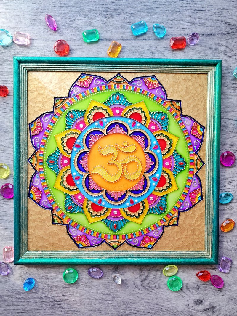 彩色玻璃OM曼陀罗墙上挂画玻璃脉轮瑜伽手工制作 - 壁貼/牆壁裝飾 - 玻璃 綠色