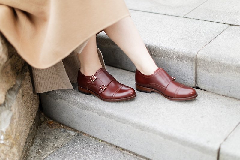 Double Strap crossed zigzag double buckle Monk shoes burgundy - รองเท้าหนังผู้หญิง - หนังแท้ สีแดง