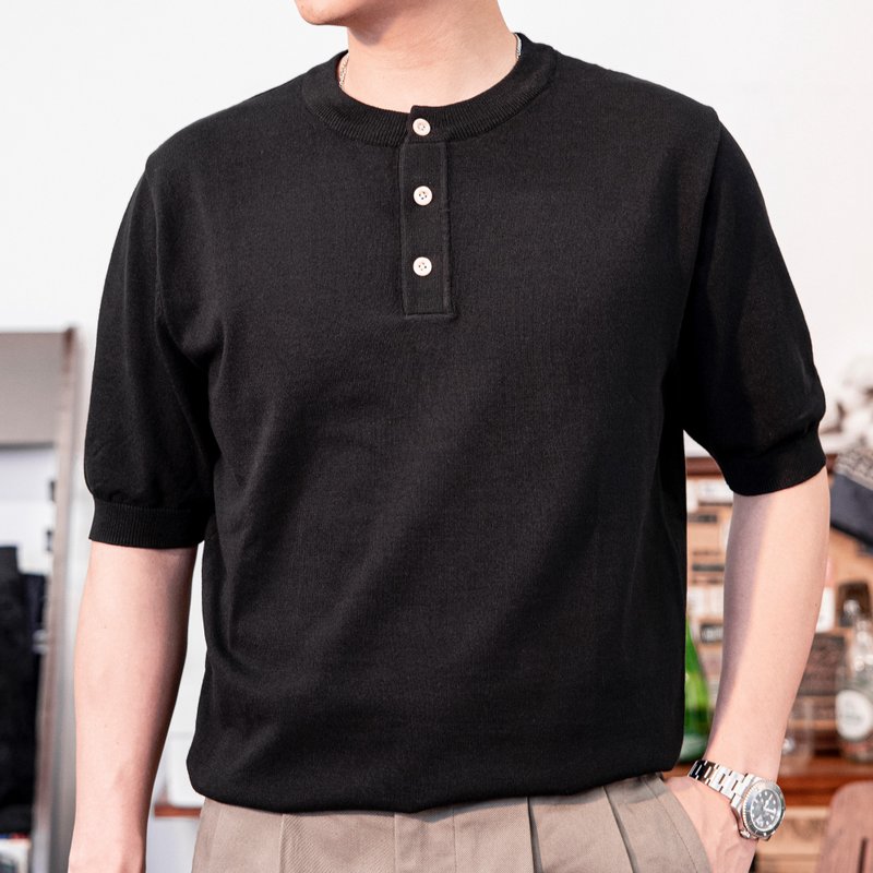 短袖亨利領針織衫 加厚螺紋工藝 T-shirt 涼爽舒適 春夏著用 - 男 T 恤 - 其他材質 黑色