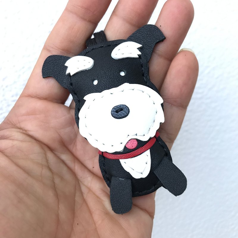 Healing small things handmade leather black cute Schnauzer pure hand-sewn charm small size - Charms - Genuine Leather Black