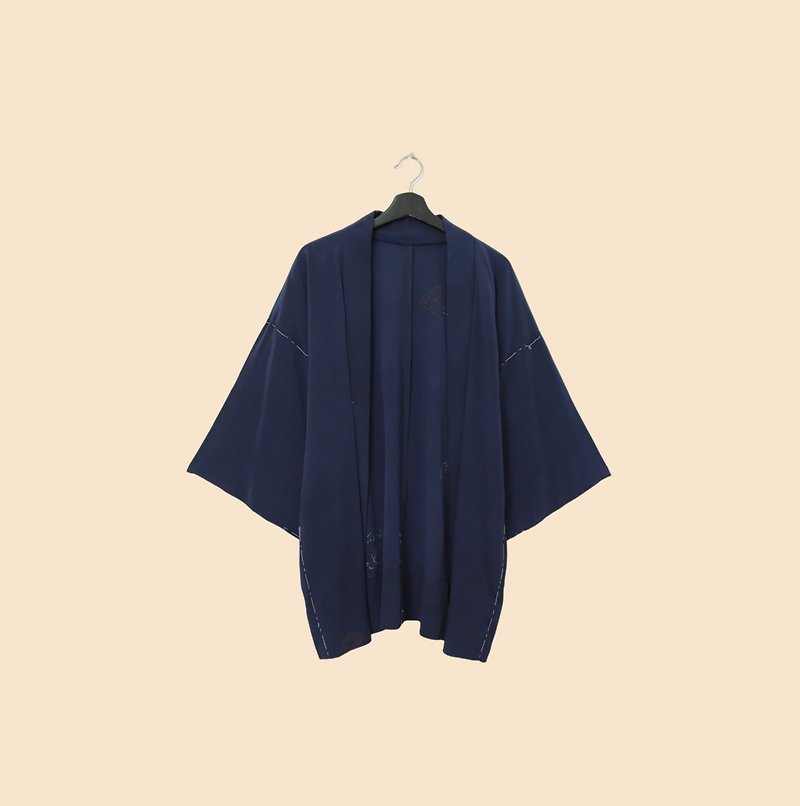 Back to Green-Japanese thin haori dark blue glitter embroidery totem/vintage kimono - เสื้อแจ็คเก็ต - ผ้าฝ้าย/ผ้าลินิน 