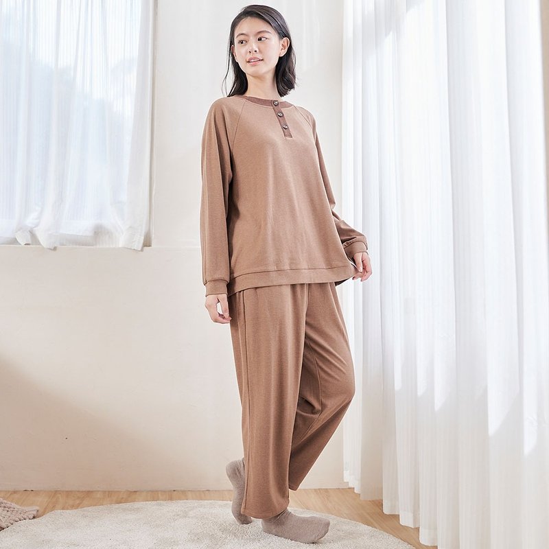 柔軟蠶絲布半開襟配色上衣套裝-共2色 - 睡衣/居家服 - 棉．麻 多色