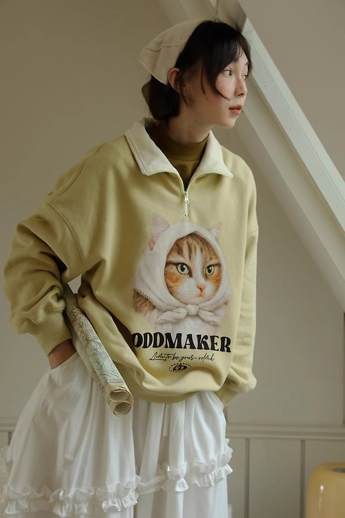 oddmaker odd maker可愛貓貓印花polo領長袖衛衣女秋季新款休閒翻領上衣
