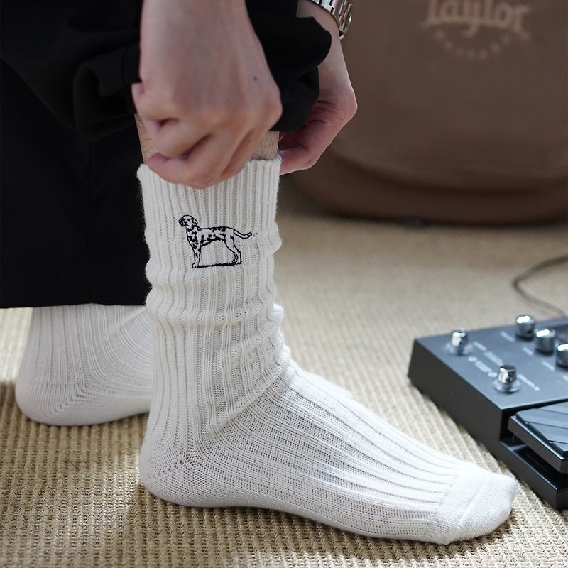 其他材質 襪子 白色 - 中高筒純色襪子 斑點狗刺繡日系堆疊感男女長襪