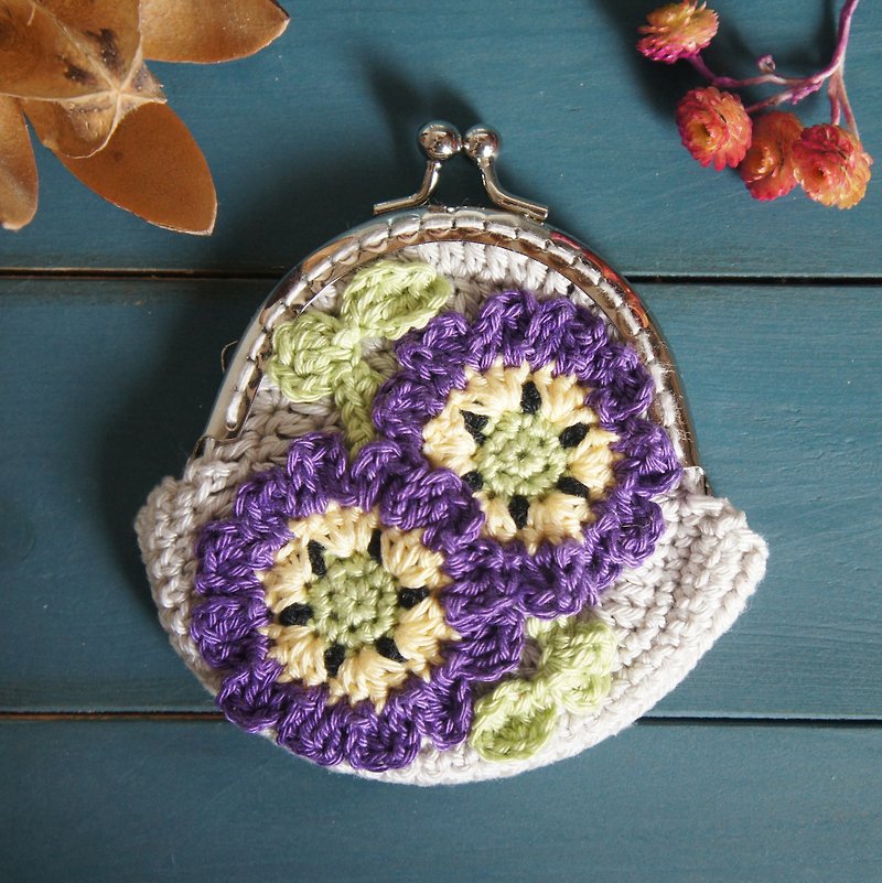 Hand-woven flower series purple butterfly flower mouth gold bag (coin purse small bag cosmetic bag) - Coin Purses - Cotton & Hemp Multicolor