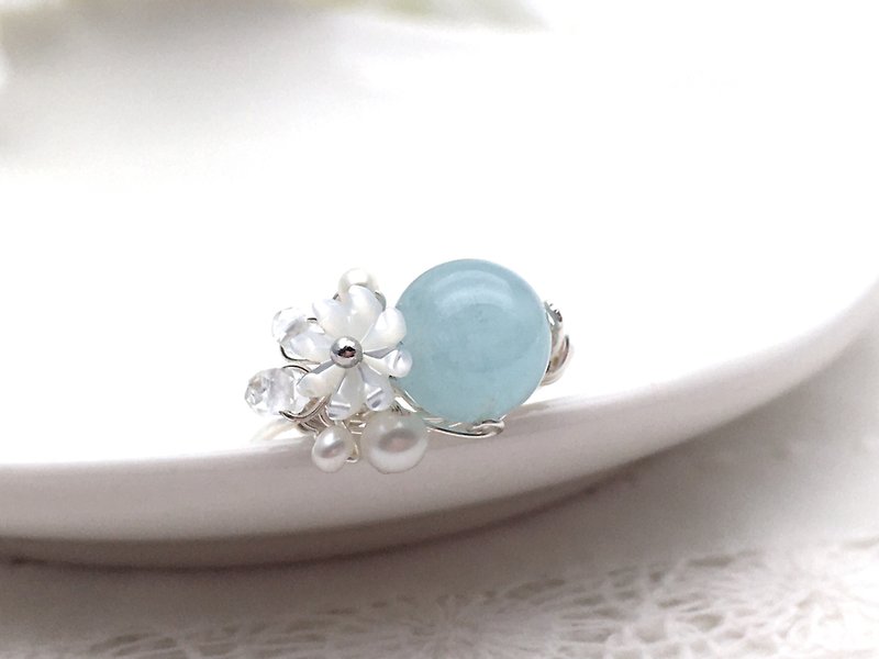 Maries garden - Aquamarine and White Pearl Wire Ring - General Rings - Gemstone Blue