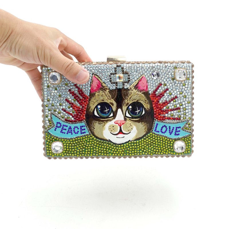 Italian luxury style crystal cat hand-painted wooden clutch bag TIMBEE LO handmade jewelry - Clutch Bags - Copper & Brass Multicolor