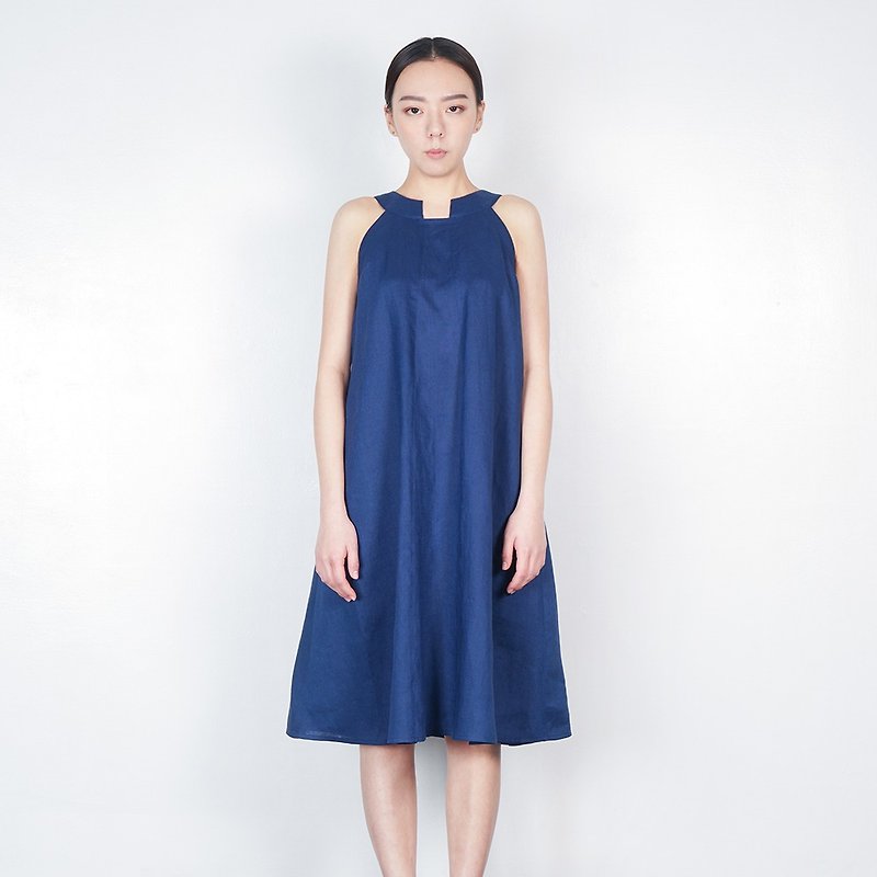 Square neckline collar long dress ultramarine - ชุดเดรส - ผ้าฝ้าย/ผ้าลินิน สีน้ำเงิน