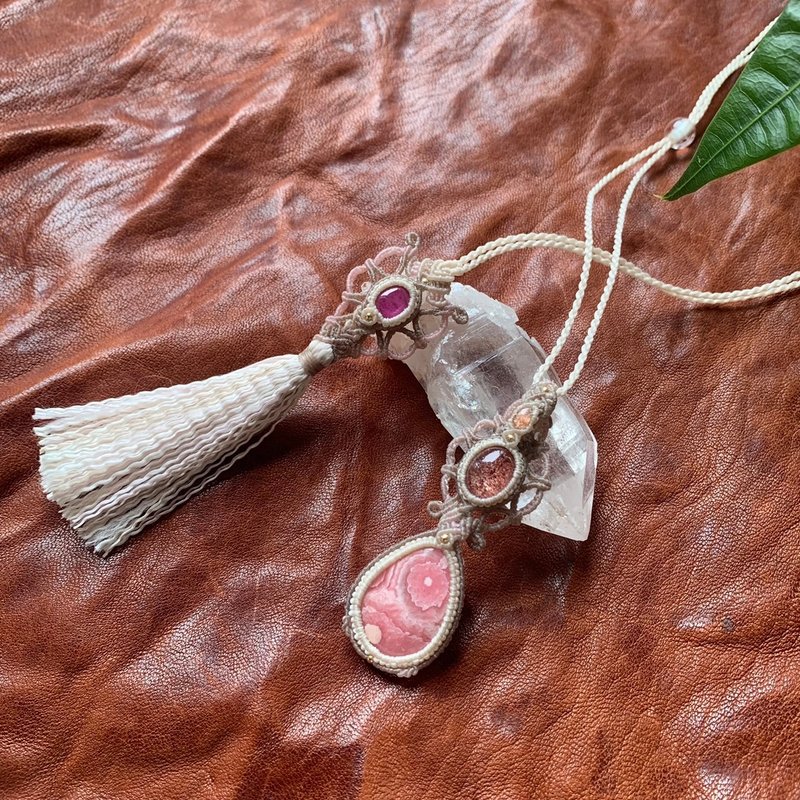 -Crystal of Love- Inca Rose & Strawberry Quartz & Ruby Macrame Necklace - Necklaces - Gemstone Pink