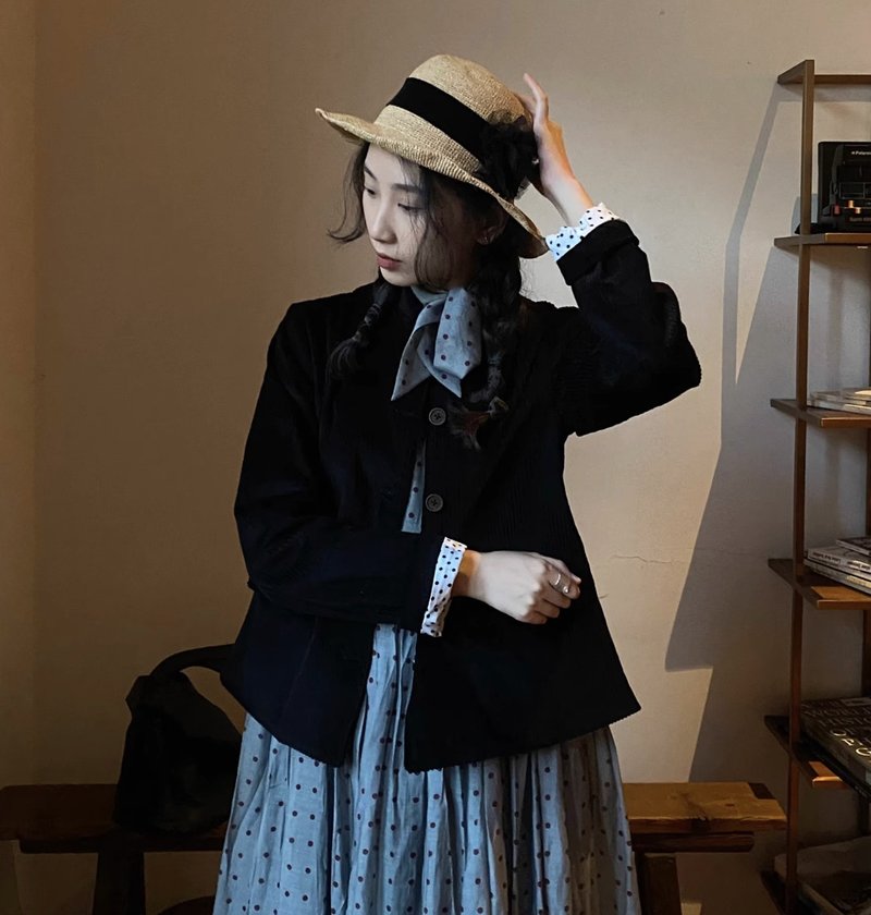 法式復古 黑色燈芯絨立領上衣外套 - 女上衣/長袖上衣 - 其他材質 黑色