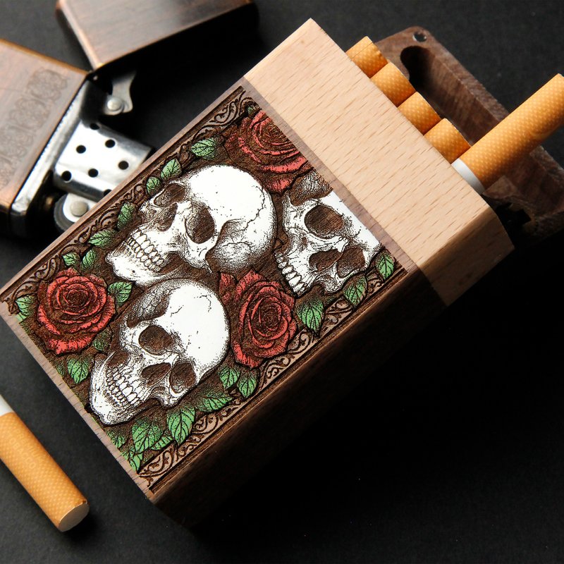 骨頭與玫瑰 - 煙盒雷射雕刻+手繪 - 其他 - 木頭 咖啡色