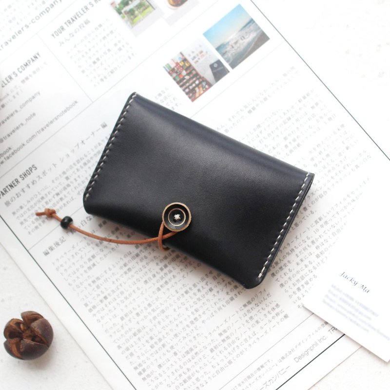 Black vegetable tanned leather handmade leather purse business card package card package card package button credit card package - กระเป๋าใส่เหรียญ - หนังแท้ สีดำ