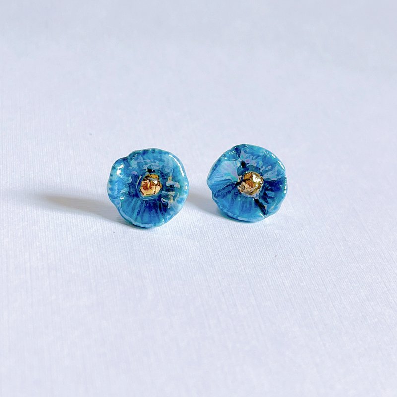 Azure poppy flower gilt pearl light handmade white porcelain earrings unique ceramic art - Earrings & Clip-ons - Porcelain Blue