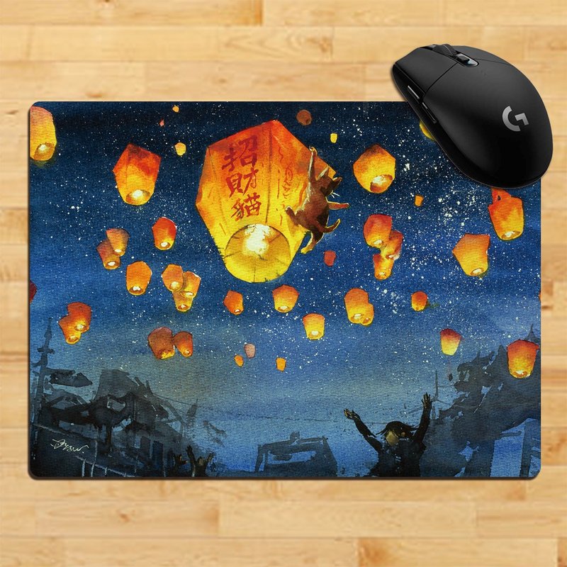 Three Cats Shop ~ Sky Lantern Lucky Cat Mouse Pad (Illustrator: Ci Bu Da Yi) - Mouse Pads - Other Man-Made Fibers 