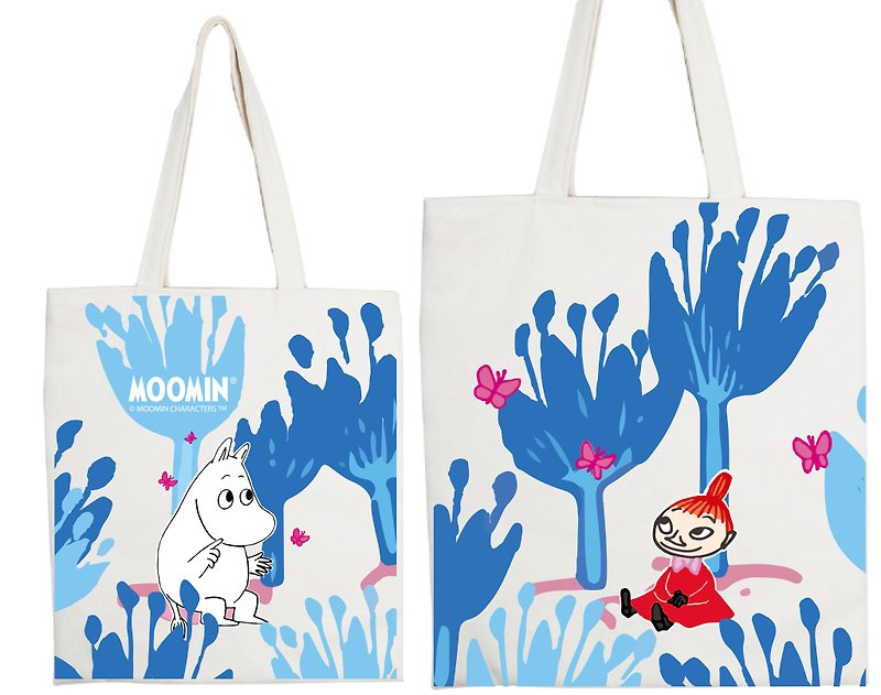 Moomin authorization - blue flower garden - handheld shopping bag (beige / Linen Huang) - กระเป๋าถือ - ผ้าฝ้าย/ผ้าลินิน ขาว