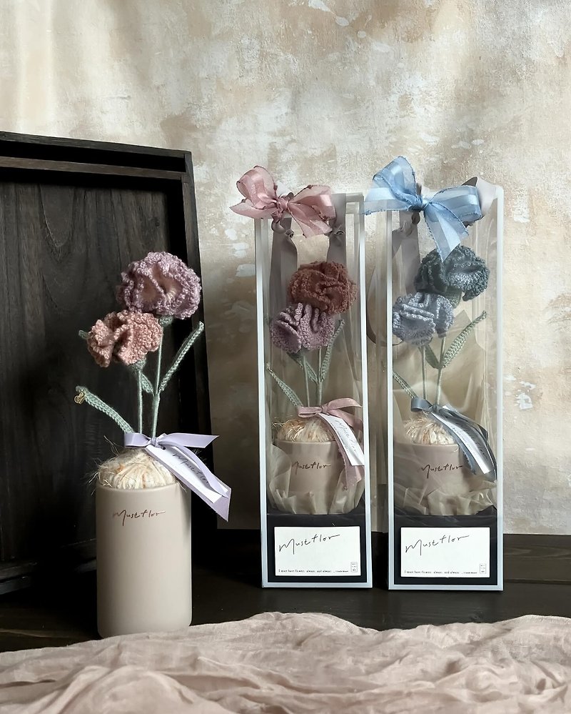 Mother's Day Limited Edition Carnation Potted Flower - Handcrafted Wool Knitted - Dried Flowers & Bouquets - Wool Multicolor
