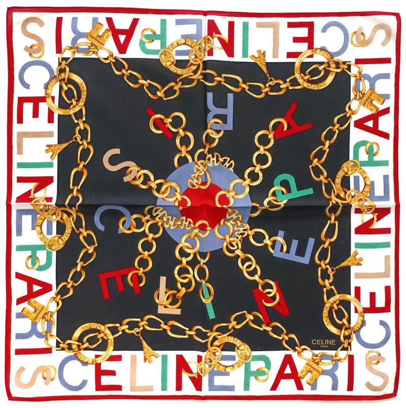 Vintage Celine Silk Scarf – Gold Chain & Multicolor Logo 23 x 22.5 inches - 手帕 - 棉．麻 紅色